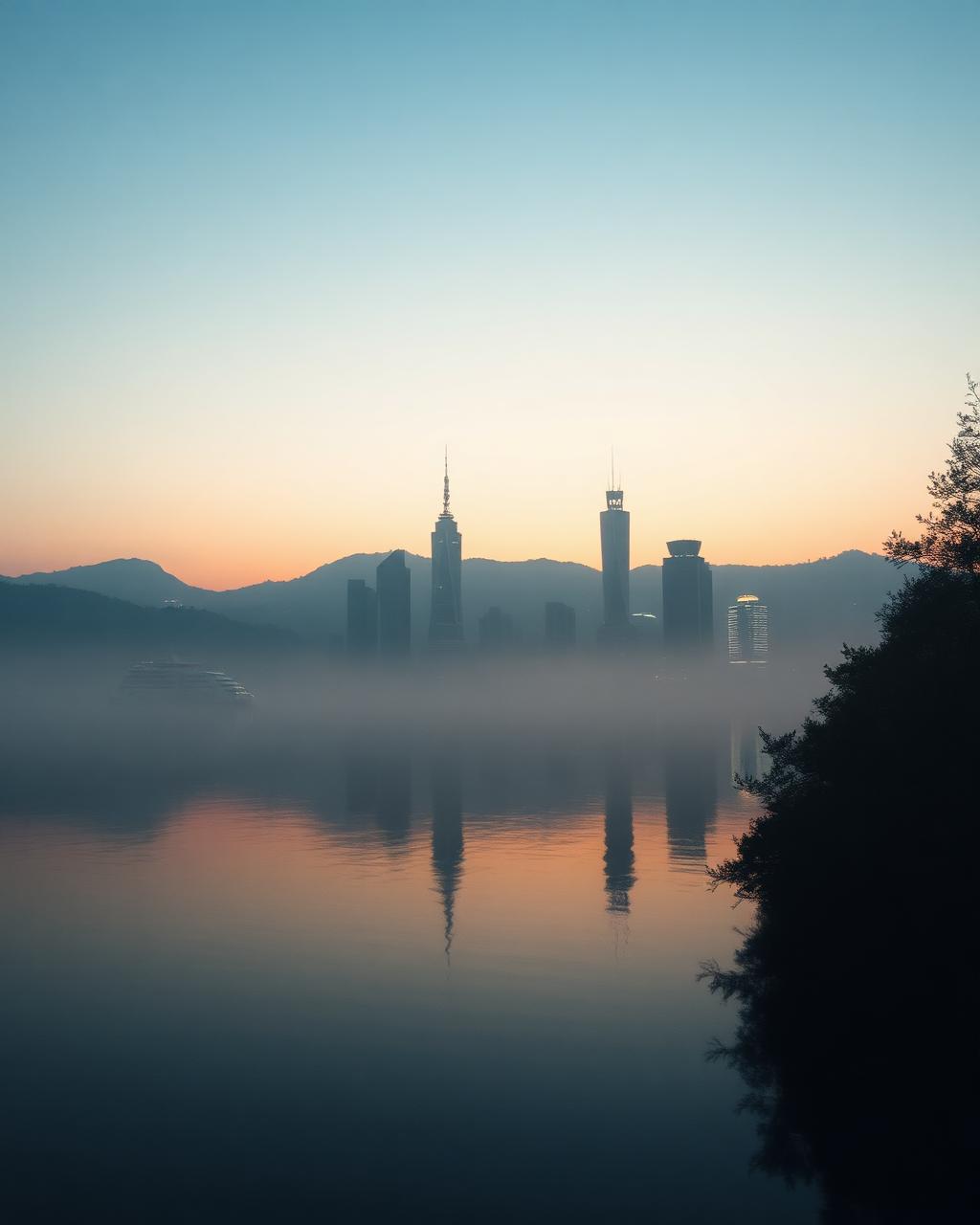 Hangzhou skyline over misty water